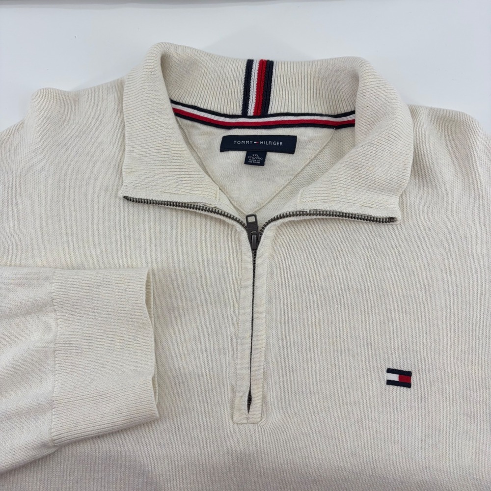 Tommy Hilfiger Mens 2XL Cream Cotton Quarter Zip Mock Neck Pullover Sweater